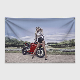 Флаг-баннер с принтом Biker Olga в Тюмени, 100% полиэстер | размер 67 х 109 см, плотность ткани — 95 г/м2; по краям флага есть четыре люверса для крепления | celebrity | clouds | fashion | girl | model | motorcycle | nature | pose | sky | star | девушка | звезда | знаменитость | мода | модель | мотоцикл | небо | облака | природа
