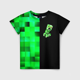 Детская футболка 3D с принтом MINECRAFT CREEPER в Тюмени, 100% гипоаллергенный полиэфир | прямой крой, круглый вырез горловины, длина до линии бедер, чуть спущенное плечо, ткань немного тянется | blox | creeper | dungeons | game | geometry | green | neon | pixel | steve | алекс | детям | зелень | игра | кислотный | крипер | куб | логотипы игр | майнкрафт | мальчикам | мобы | неоновый | пиксель | пиксельный | подземелья
