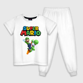 Детская пижама хлопок с принтом Super Mario в Тюмени, 100% хлопок |  брюки и футболка прямого кроя, без карманов, на брюках мягкая резинка на поясе и по низу штанин
 | Тематика изображения на принте: game | mario kart live home circuit | super mario | super mario 3d world | super mario 64 | super mario galaxy | super mario sunshine | гумба | игра super mario | игра марио | йоши | купалинги | лакиту | луиджи | марио | надпись | нинтендо | 
