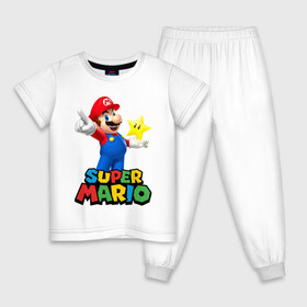 Детская пижама хлопок с принтом Super Mario в Тюмени, 100% хлопок |  брюки и футболка прямого кроя, без карманов, на брюках мягкая резинка на поясе и по низу штанин
 | game | mario kart live home circuit | super mario | super mario 3d world | super mario 64 | super mario galaxy | super mario sunshine | гумба | игра super mario | игра марио | йоши | купалинги | лакиту | луиджи | марио | надпись | нинтендо | 