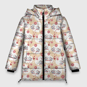 Женская зимняя куртка 3D с принтом Зайки в Тюмени, верх — 100% полиэстер; подкладка — 100% полиэстер; утеплитель — 100% полиэстер | длина ниже бедра, силуэт Оверсайз. Есть воротник-стойка, отстегивающийся капюшон и ветрозащитная планка. 

Боковые карманы с листочкой на кнопках и внутренний карман на молнии | Тематика изображения на принте: животное | заяц | пара | сердце | узор