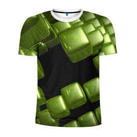 Мужская футболка 3D спортивная с принтом зеленый куб в Тюмени, 100% полиэстер с улучшенными характеристиками | приталенный силуэт, круглая горловина, широкие плечи, сужается к линии бедра | 3d | абстракция | зеленый | илюзия | квадрат | куб
