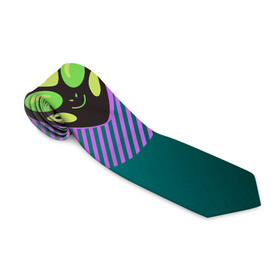 Галстук 3D с принтом Инопланетяша на зеленом фоне в Тюмени, 100% полиэстер | Длина 148 см; Плотность 150-180 г/м2 | градиент | зеленый | инопланетянин | круг | лицо | наука | нло | подарок | полоски | пришелец | улыбка | фантастика | фиолетовый