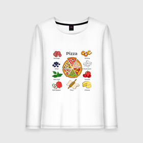 Женский лонгслив хлопок с принтом Рецепт пиццы в Тюмени, 100% хлопок |  | блюдо | грибы | колбаса | колбаска | креветки | кусочки пиццы | мята | оливки | перец | пицца | помидоры | сыр | тесто