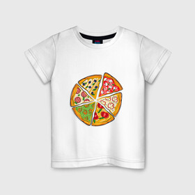 Детская футболка хлопок с принтом Пицца ассорти в Тюмени, 100% хлопок | круглый вырез горловины, полуприлегающий силуэт, длина до линии бедер | грибы | колбаса | креветки | кусочки пиццы | оливки | пицца | пиццерия | помидоры