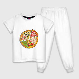 Детская пижама хлопок с принтом Пицца ассорти в Тюмени, 100% хлопок |  брюки и футболка прямого кроя, без карманов, на брюках мягкая резинка на поясе и по низу штанин
 | грибы | колбаса | креветки | кусочки пиццы | оливки | пицца | пиццерия | помидоры