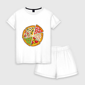 Женская пижама с шортиками хлопок с принтом Пицца ассорти в Тюмени, 100% хлопок | футболка прямого кроя, шорты свободные с широкой мягкой резинкой | грибы | колбаса | креветки | кусочки пиццы | оливки | пицца | пиццерия | помидоры
