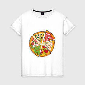 Женская футболка хлопок с принтом Пицца ассорти в Тюмени, 100% хлопок | прямой крой, круглый вырез горловины, длина до линии бедер, слегка спущенное плечо | грибы | колбаса | креветки | кусочки пиццы | оливки | пицца | пиццерия | помидоры