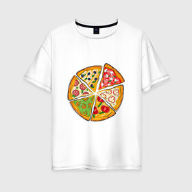 Женская футболка хлопок Oversize с принтом Пицца ассорти в Тюмени, 100% хлопок | свободный крой, круглый ворот, спущенный рукав, длина до линии бедер
 | грибы | колбаса | креветки | кусочки пиццы | оливки | пицца | пиццерия | помидоры