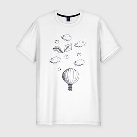 Мужская футболка хлопок Slim с принтом Воздушный шар в Тюмени, 92% хлопок, 8% лайкра | приталенный силуэт, круглый вырез ворота, длина до линии бедра, короткий рукав | в воздухе | воздушный змей | воздушный шар | летит | нарисованный шар | облака | облачка | полет | птицы | птички | шар | шарик