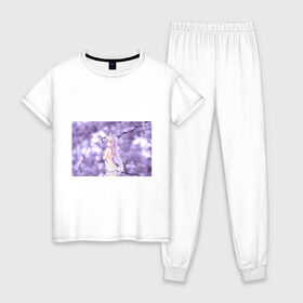 Женская пижама хлопок с принтом Эмилия в Тюмени, 100% хлопок | брюки и футболка прямого кроя, без карманов, на брюках мягкая резинка на поясе и по низу штанин | anime | emilia | re zero | ре зеро | эмилия