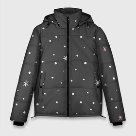 Мужская зимняя куртка 3D с принтом Снежинки и звёзды в Тюмени, верх — 100% полиэстер; подкладка — 100% полиэстер; утеплитель — 100% полиэстер | длина ниже бедра, свободный силуэт Оверсайз. Есть воротник-стойка, отстегивающийся капюшон и ветрозащитная планка. 

Боковые карманы с листочкой на кнопках и внутренний карман на молнии. | Тематика изображения на принте: белый | звезда | зима | небо | снег | снежинка | чёрный