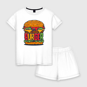 Женская пижама с шортиками хлопок с принтом BURGER в Тюмени, 100% хлопок | футболка прямого кроя, шорты свободные с широкой мягкой резинкой | бургер | бутерброд | еда | любителям еды | перекус | фастфуд | юмор