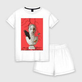 Женская пижама с шортиками хлопок с принтом Travis Scott в Тюмени, 100% хлопок | футболка прямого кроя, шорты свободные с широкой мягкой резинкой | astroworld | cactus jack | la flame | rap | travis scott