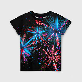 Детская футболка 3D с принтом Праздничный фейерверк в Тюмени, 100% гипоаллергенный полиэфир | прямой крой, круглый вырез горловины, длина до линии бедер, чуть спущенное плечо, ткань немного тянется | happy | new year | блестящие | взрыв | день рождения | звезды | искры | лучи | неоновые | новогодние | новый год | ночные | ночь | огни | подарок | праздник | радость | рождество | салют | свадьба | свет