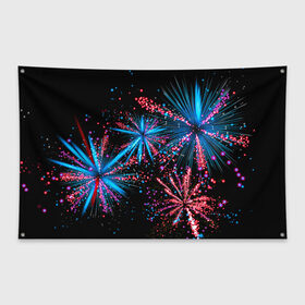 Флаг-баннер с принтом Праздничный фейерверк в Тюмени, 100% полиэстер | размер 67 х 109 см, плотность ткани — 95 г/м2; по краям флага есть четыре люверса для крепления | happy | new year | блестящие | взрыв | день рождения | звезды | искры | лучи | неоновые | новогодние | новый год | ночные | ночь | огни | подарок | праздник | радость | рождество | салют | свадьба | свет