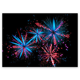 Поздравительная открытка с принтом Праздничный фейерверк в Тюмени, 100% бумага | плотность бумаги 280 г/м2, матовая, на обратной стороне линовка и место для марки
 | Тематика изображения на принте: happy | new year | блестящие | взрыв | день рождения | звезды | искры | лучи | неоновые | новогодние | новый год | ночные | ночь | огни | подарок | праздник | радость | рождество | салют | свадьба | свет