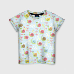 Детская футболка 3D с принтом Улитки в Тюмени, 100% гипоаллергенный полиэфир | прямой крой, круглый вырез горловины, длина до линии бедер, чуть спущенное плечо, ткань немного тянется | арт | рисунок | синий | улитка | улитки | цветная улитка | цветные улитки | цветок | цветы