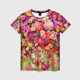 Женская футболка 3D с принтом Цветы в Тюмени, 100% полиэфир ( синтетическое хлопкоподобное полотно) | прямой крой, круглый вырез горловины, длина до линии бедер | весна | красивые цветы | красота | милые цветы | орхидея | пион | роза | розы | ромашка | сад | сирень | фиалка | цветок | цветочки | цветы