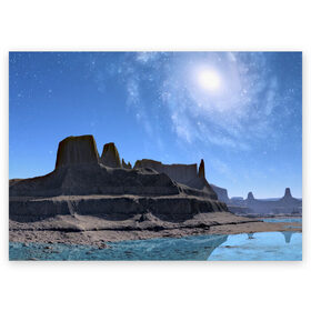 Поздравительная открытка с принтом Пейзаж в Тюмени, 100% бумага | плотность бумаги 280 г/м2, матовая, на обратной стороне линовка и место для марки
 | вода | воды | звёзды | небеса | небо | пейзаж | пейзажи | природа | пустыня | солнце | фон | холмы