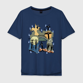 Мужская футболка хлопок Oversize с принтом Этнический стиль в Тюмени, 100% хлопок | свободный крой, круглый ворот, “спинка” длиннее передней части | белый | ворон | золотой | иероглифы | индейцы | луна | люди | охота | ритуал | синий | солнце | этника
