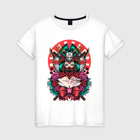 Женская футболка хлопок с принтом Японская гейша воительница в Тюмени, 100% хлопок | прямой крой, круглый вырез горловины, длина до линии бедер, слегка спущенное плечо | катана | цветы | череп | япония