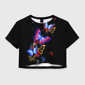 Женская футболка Crop-top 3D с принтом Поцелуй бабочек в Тюмени, 100% полиэстер | круглая горловина, длина футболки до линии талии, рукава с отворотами | angel | butterfly | fairy | neon | night | wings | ангел | бабочка | бабочки | девушке | животные | красочные | крылья | летающие | магия | махаон | мотыльки | насекомые | неоновые | ночные | ночь | подарок | природа