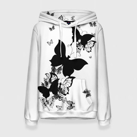 Женская толстовка 3D с принтом Черные бабочки на белом в Тюмени, 100% полиэстер  | двухслойный капюшон со шнурком для регулировки, мягкие манжеты на рукавах и по низу толстовки, спереди карман-кенгуру с мягким внутренним слоем. | angel | black and white | butterfly | fairy | fashion girl | wings | ангел | бабочка | девушке | животные | крылья | летающие | магия | махаон | мотылек | мотыльки | насекомые | нежные | подарок | природа | сказочные | татуировки