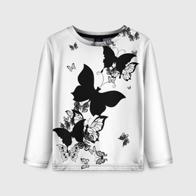 Детский лонгслив 3D с принтом Черные бабочки на белом в Тюмени, 100% полиэстер | длинные рукава, круглый вырез горловины, полуприлегающий силуэт
 | angel | black and white | butterfly | fairy | fashion girl | wings | ангел | бабочка | девушке | животные | крылья | летающие | магия | махаон | мотылек | мотыльки | насекомые | нежные | подарок | природа | сказочные | татуировки