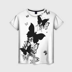 Женская футболка 3D с принтом Черные бабочки на белом в Тюмени, 100% полиэфир ( синтетическое хлопкоподобное полотно) | прямой крой, круглый вырез горловины, длина до линии бедер | angel | black and white | butterfly | fairy | fashion girl | wings | ангел | бабочка | девушке | животные | крылья | летающие | магия | махаон | мотылек | мотыльки | насекомые | нежные | подарок | природа | сказочные | татуировки