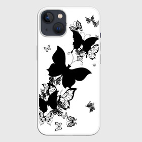 Чехол для iPhone 13 с принтом Черные бабочки на белом в Тюмени,  |  | angel | black and white | butterfly | fairy | fashion girl | wings | ангел | бабочка | девушке | животные | крылья | летающие | магия | махаон | мотылек | мотыльки | насекомые | нежные | подарок | природа | сказочные | татуировки