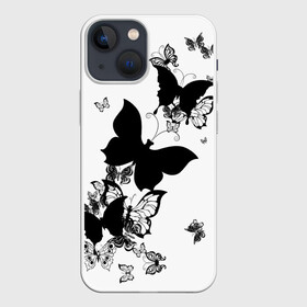 Чехол для iPhone 13 mini с принтом Черные бабочки на белом в Тюмени,  |  | angel | black and white | butterfly | fairy | fashion girl | wings | ангел | бабочка | девушке | животные | крылья | летающие | магия | махаон | мотылек | мотыльки | насекомые | нежные | подарок | природа | сказочные | татуировки