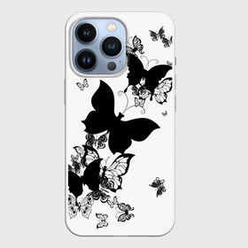 Чехол для iPhone 13 Pro с принтом Черные бабочки на белом в Тюмени,  |  | angel | black and white | butterfly | fairy | fashion girl | wings | ангел | бабочка | девушке | животные | крылья | летающие | магия | махаон | мотылек | мотыльки | насекомые | нежные | подарок | природа | сказочные | татуировки