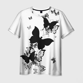 Мужская футболка 3D с принтом Черные бабочки на белом в Тюмени, 100% полиэфир | прямой крой, круглый вырез горловины, длина до линии бедер | angel | black and white | butterfly | fairy | fashion girl | wings | ангел | бабочка | девушке | животные | крылья | летающие | магия | махаон | мотылек | мотыльки | насекомые | нежные | подарок | природа | сказочные | татуировки