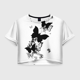 Женская футболка Crop-top 3D с принтом Черные бабочки на белом в Тюмени, 100% полиэстер | круглая горловина, длина футболки до линии талии, рукава с отворотами | angel | black and white | butterfly | fairy | fashion girl | wings | ангел | бабочка | девушке | животные | крылья | летающие | магия | махаон | мотылек | мотыльки | насекомые | нежные | подарок | природа | сказочные | татуировки