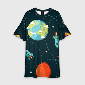 Детское платье 3D с принтом Космический перелёт в Тюмени, 100% полиэстер | прямой силуэт, чуть расширенный к низу. Круглая горловина, на рукавах — воланы | Тематика изображения на принте: арт | звезда | звёзды | земля | космос | марс | перелёт | планета | планеты | полёт | ракета | ракеты | рисунок | сатурн | юпитер