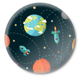 Значок с принтом Космический перелёт в Тюмени,  металл | круглая форма, металлическая застежка в виде булавки | арт | звезда | звёзды | земля | космос | марс | перелёт | планета | планеты | полёт | ракета | ракеты | рисунок | сатурн | юпитер