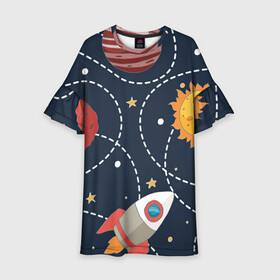 Детское платье 3D с принтом Космический перелёт в Тюмени, 100% полиэстер | прямой силуэт, чуть расширенный к низу. Круглая горловина, на рукавах — воланы | Тематика изображения на принте: арт | звезда | звёзды | земля | космос | марс | перелёт | планета | планеты | полёт | ракета | ракеты | рисунок | сатурн | солнце | юпитер