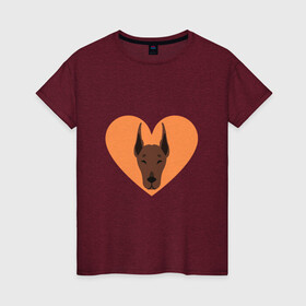 Женская футболка хлопок с принтом Сердечный Доберман в Тюмени, 100% хлопок | прямой крой, круглый вырез горловины, длина до линии бедер, слегка спущенное плечо | доберман | животное | клыки | коричневый | красный | лапы | любовь | оранжевый | пес | питомец | подарок | сердце | собака | улыбка | шерсть | щенок