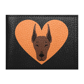 Обложка для студенческого билета с принтом Сердечный Доберман в Тюмени, натуральная кожа | Размер: 11*8 см; Печать на всей внешней стороне | доберман | животное | клыки | коричневый | красный | лапы | любовь | оранжевый | пес | питомец | подарок | сердце | собака | улыбка | шерсть | щенок