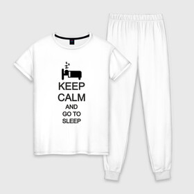 Женская пижама хлопок с принтом KEEP CALM AND GO TO SLEEP в Тюмени, 100% хлопок | брюки и футболка прямого кроя, без карманов, на брюках мягкая резинка на поясе и по низу штанин | go to sleep | keep | keep calm | keep calm and | keep calm and go | keep calm and go to | keep calm and go to sleep | иди спать | сохраняй спокойствие | сохраняй спокойствие и иди спать