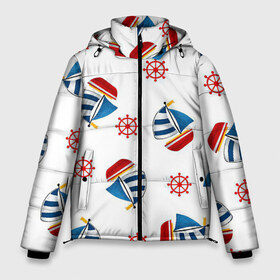 Мужская зимняя куртка 3D с принтом Морская атмосфера в Тюмени, верх — 100% полиэстер; подкладка — 100% полиэстер; утеплитель — 100% полиэстер | длина ниже бедра, свободный силуэт Оверсайз. Есть воротник-стойка, отстегивающийся капюшон и ветрозащитная планка. 

Боковые карманы с листочкой на кнопках и внутренний карман на молнии. | арт | белый | корабли | корабль | красный | море | рисунок | синий | штурвал | яхта | яхты