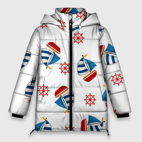 Женская зимняя куртка 3D с принтом Морская атмосфера в Тюмени, верх — 100% полиэстер; подкладка — 100% полиэстер; утеплитель — 100% полиэстер | длина ниже бедра, силуэт Оверсайз. Есть воротник-стойка, отстегивающийся капюшон и ветрозащитная планка. 

Боковые карманы с листочкой на кнопках и внутренний карман на молнии | арт | белый | корабли | корабль | красный | море | рисунок | синий | штурвал | яхта | яхты