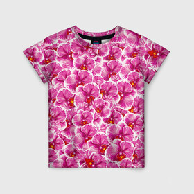 Детская футболка 3D с принтом Розовые орхидеи в Тюмени, 100% гипоаллергенный полиэфир | прямой крой, круглый вырез горловины, длина до линии бедер, чуть спущенное плечо, ткань немного тянется | Тематика изображения на принте: fashion flowers | pink | tropical | азия | бабочки | бразилия | букет | бутоны | джунгли | лепестки | лето | любимая | марта | нежные | орхидея | подарок | природа | растения | тропики | тропические | узор | цветение