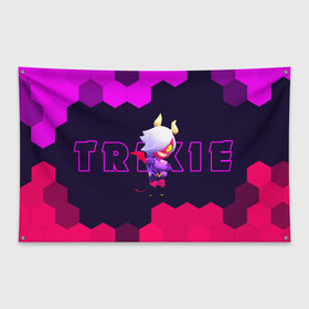 Флаг-баннер с принтом BRAWL STARS TRIXIE COLETTE в Тюмени, 100% полиэстер | размер 67 х 109 см, плотность ткани — 95 г/м2; по краям флага есть четыре люверса для крепления | brawl | colete | colette | collete | logo | stars | trixi | trixie | бравл | бравла | браво | игра | игры | колетт | колетта | коллет | коллета | лого | логотип | символ | старс | старса | трикси