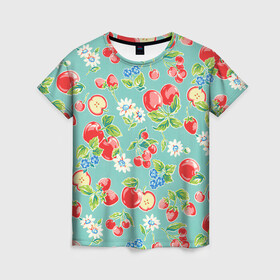 Женская футболка 3D с принтом Яркое лето в Тюмени, 100% полиэфир ( синтетическое хлопкоподобное полотно) | прямой крой, круглый вырез горловины, длина до линии бедер | арт | бирюзовый | зелёный | клубника | рисунок | ромашка | ромашки | цвета | цветы | черника | яблоки | яблоко