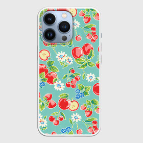 Чехол для iPhone 13 Pro с принтом Яркое лето в Тюмени,  |  | Тематика изображения на принте: арт | бирюзовый | зелёный | клубника | рисунок | ромашка | ромашки | цвета | цветы | черника | яблоки | яблоко