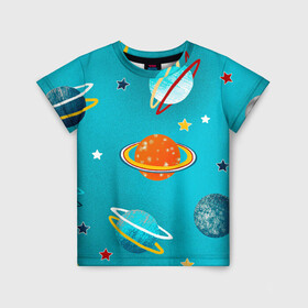 Детская футболка 3D с принтом Необычные планеты в Тюмени, 100% гипоаллергенный полиэфир | прямой крой, круглый вырез горловины, длина до линии бедер, чуть спущенное плечо, ткань немного тянется | арт | бирюзовый | венера | звезда | звёзды | земля | марс | планета | планеты | рисунок | рисунок карандашом | сатурн | синий