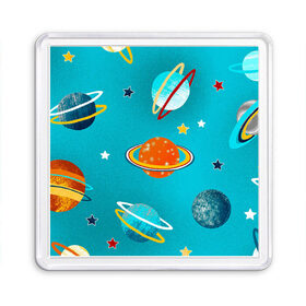 Магнит 55*55 с принтом Необычные планеты в Тюмени, Пластик | Размер: 65*65 мм; Размер печати: 55*55 мм | Тематика изображения на принте: арт | бирюзовый | венера | звезда | звёзды | земля | марс | планета | планеты | рисунок | рисунок карандашом | сатурн | синий