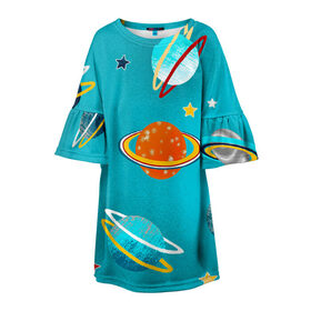 Детское платье 3D с принтом Необычные планеты в Тюмени, 100% полиэстер | прямой силуэт, чуть расширенный к низу. Круглая горловина, на рукавах — воланы | Тематика изображения на принте: арт | бирюзовый | венера | звезда | звёзды | земля | марс | планета | планеты | рисунок | рисунок карандашом | сатурн | синий